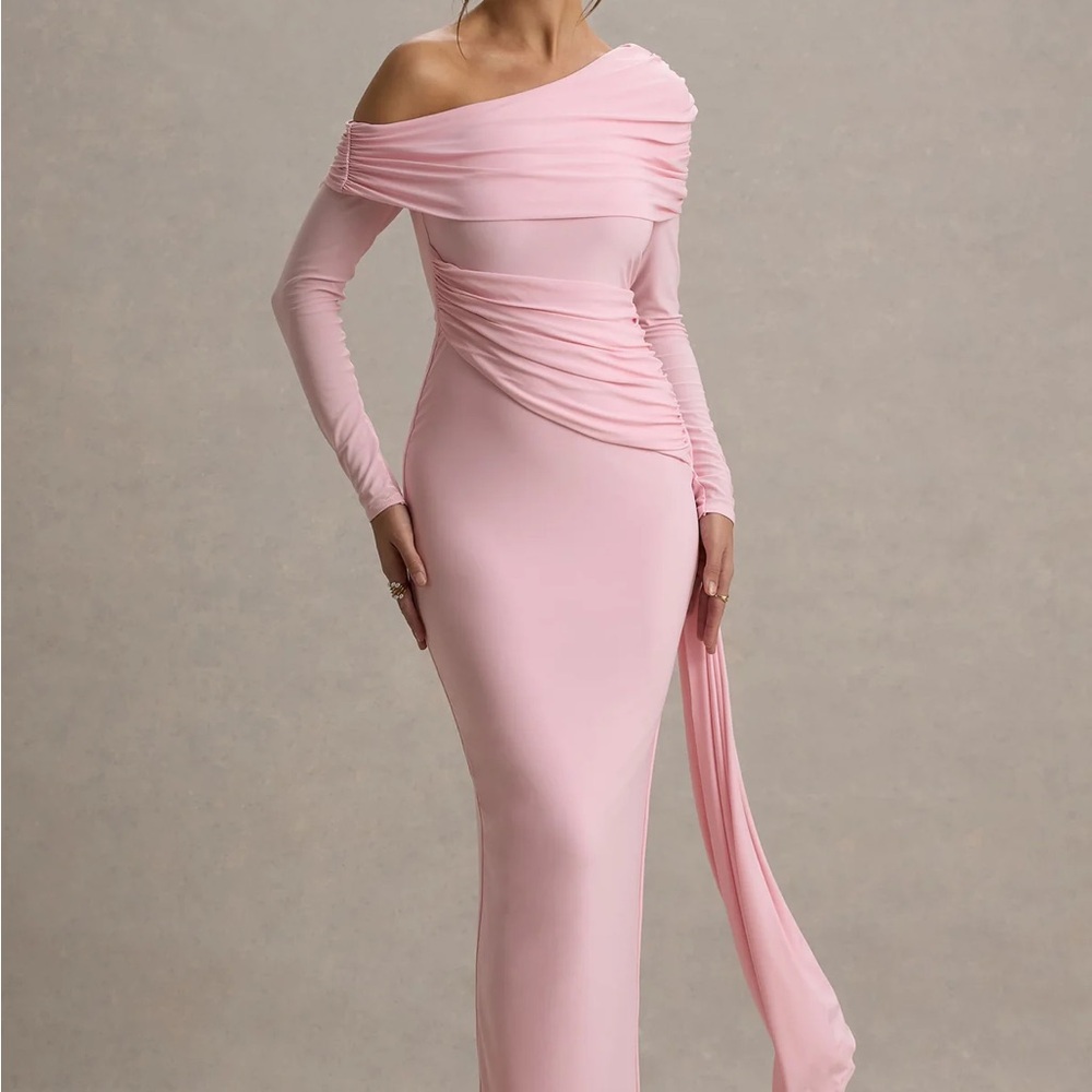 Off-Shoulder Blush Pink Ruched Evening Gown
